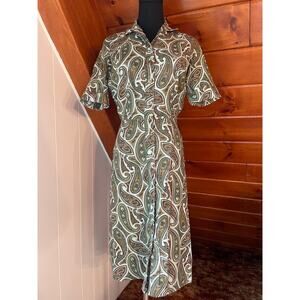 Vintage 60s Paisley Print Earth Tones Fit and Flare Shirt Dress